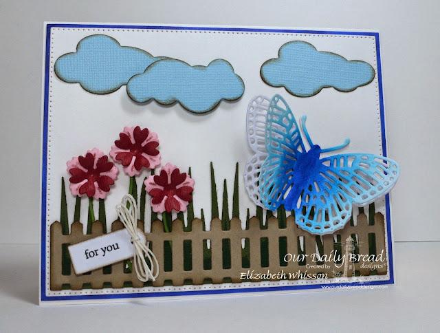 Our Daily Bread Designs, Mini Tag Sentiments, Fancy Fritillary, Birds and Nest, Fence, Grass Border, Happy Birthday, Clouds and Raindrops, Mini Tags, Flourished Star Pattern, Designed by Elizabeth Whisson, Copics, handmade card