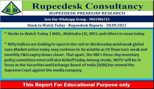 Stock to Watch Today - Rupeedesk Reports - 28.09.2022