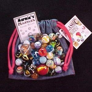 a bag of marbles with the tag altered to say MArmie's marbles