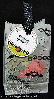 Bekka's Adorable Halloween Treat Bag made using the Stampin' Up! Ghoulish Googlies Designer Kit and Googly Ghouls Stamp Set.  Email bekka@feeling-crafty.co.uk to get your kits!