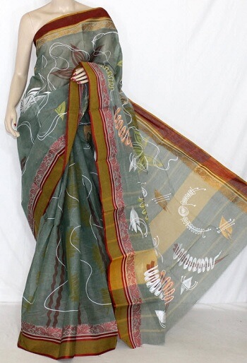 Grey And Maroon Printed Tant Saree