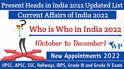 Recent New Appointments & Honors in India October to December 2022 for APSC-Present Heads in India for Assam Competitive Exams