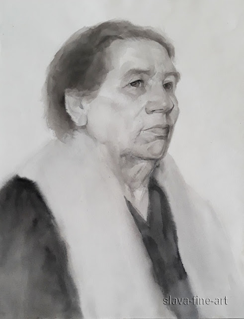 slava-fine-art 안영광 slava water color on paper portrait of a woman grisaille painting 