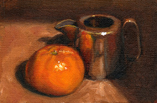 Oil painting of a mandarine beside a small silver-plated jug.
