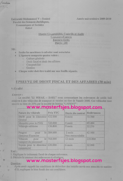 Concours d'accès au Master Comptabilité Contrôle Audit (CCA) 2009-2010