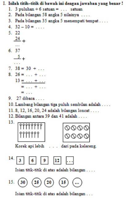 Kumpulan Soal UTS Matematika Semester 2 Kelas 1 SD KTSP lengkap ~ AYO Sinau Bareng