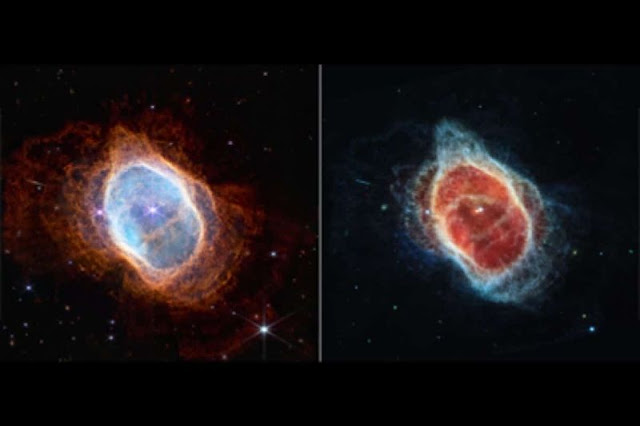 tomada por James Webb. A la izquierda: Esta imagen muestra el gas muy caliente que rodea a las dos estrellas centrales. Derecha: los flujos que se extienden hacia el espacio.