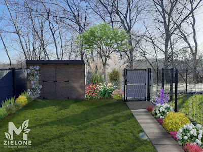 Wizualizacja lato projektu małego ogródka w zabudowie szeregowej