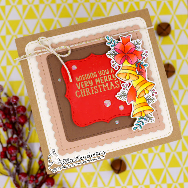 Very Merry Christmas Card by Ellen Haxelmans | Bells & Holly Stamp Set and Frames Squared Die Set by Newton's Nook Designs #newtonsnook #handmade