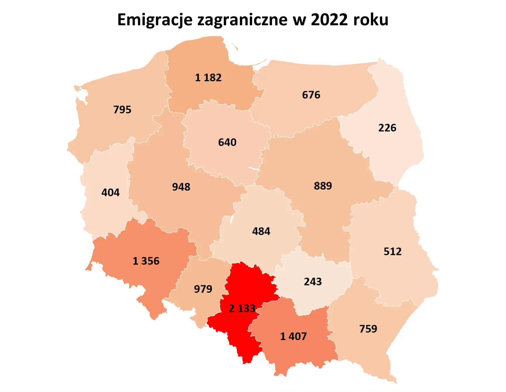 Mapa pokazuje liczbę emigrantów z Polski w podziale na województwa