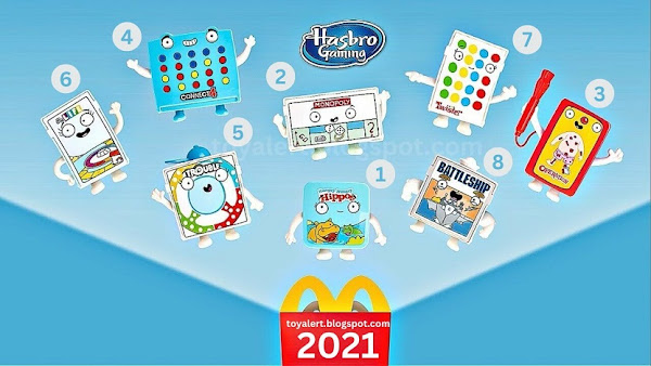 Hasbro McDonald's toys 2021 includes 8 mini games of monopoly, battleship, trouble, game of life, twister, hungry hungry hippos, operation, connect 4