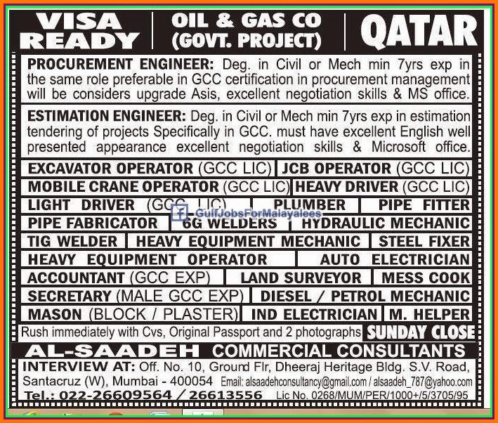 Visa ready job vacancies for Oil & Gas Project Qatar