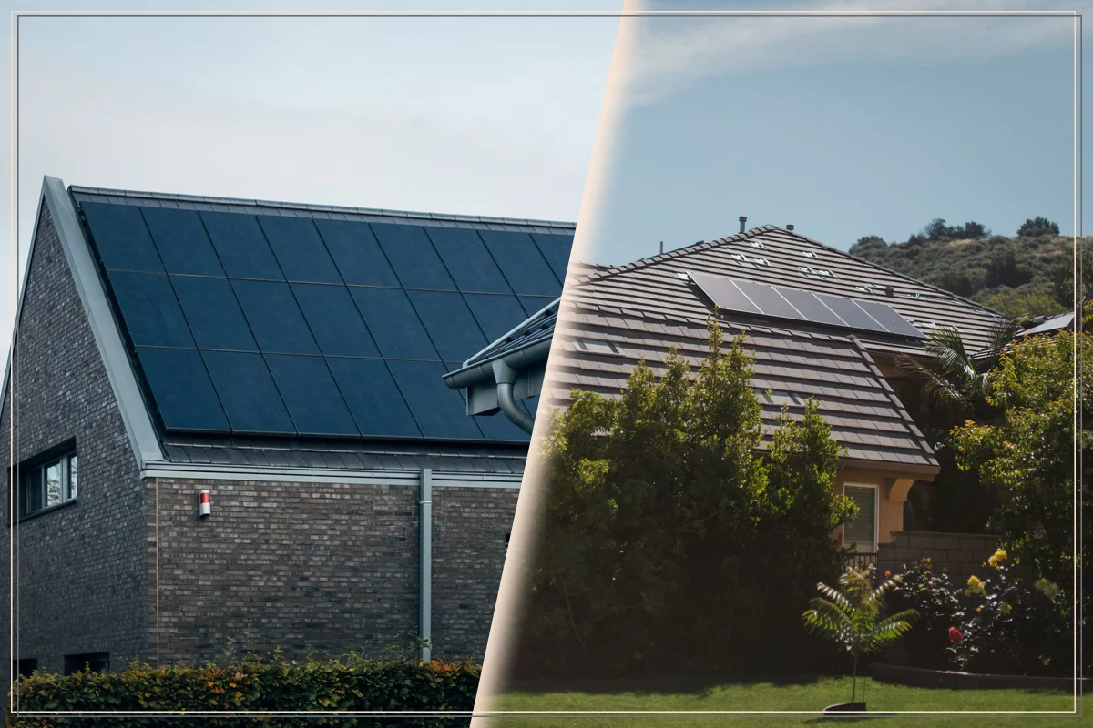 two images: houses with solar panels on a roof