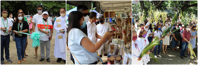 From left: [1] Subic Bay Metropolitan Authority (SBMA) Chairman Rolen C. Paulino (3rd from left) leads the ribbon-cutting ceremony to formally open the Weekend Eco Market at the San Roque chapel grounds;  [2] A visiting couple studies a food item being sold at a stall in the Weekend Eco Market; [3] Devotees await for their turn at the San Roque Chapel Grounds during the Blessing of the Palms.