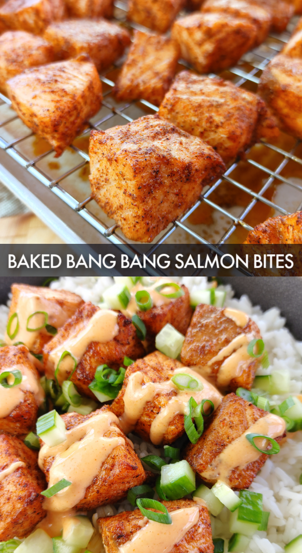 Baked Bang-Bang Salmon Bites! Salmon fillet chunks seasoned with simple Asian-inspired spices, baked hot and fast until crispy served with an easy Bang Bang Sauce recipe for dipping or in a rice bowl with cucumbers and scallions.