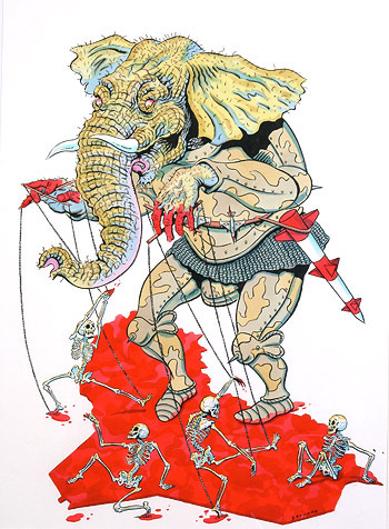 illustration of elephant holding strings of puppet skeletons dancing in blood