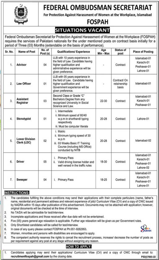 Latest Government Jobs Available At FOSPAH Federal & Provincial Ombudsman Secretariat