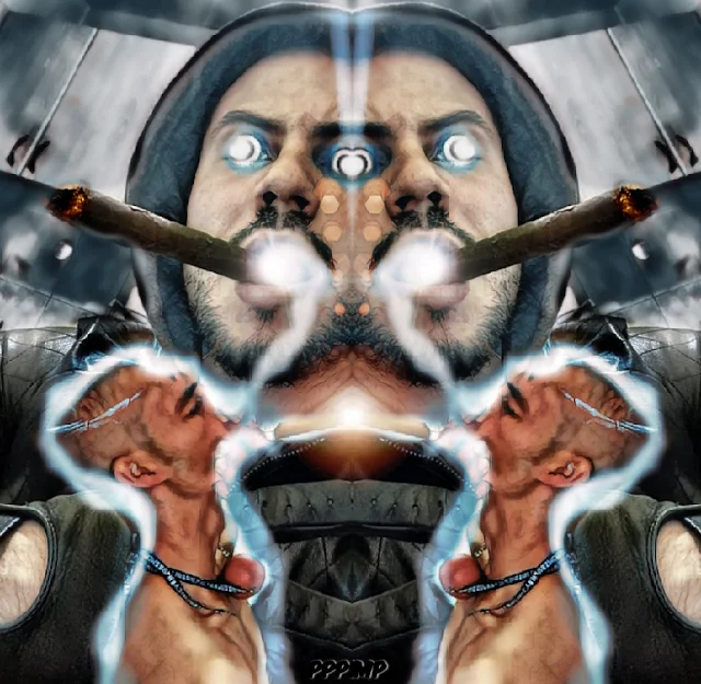 Mirrored double screen of cigar smoking mind control Master