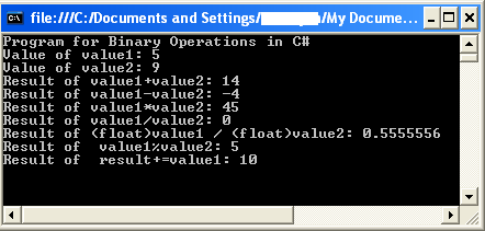 Demo of Binary Operations in C#