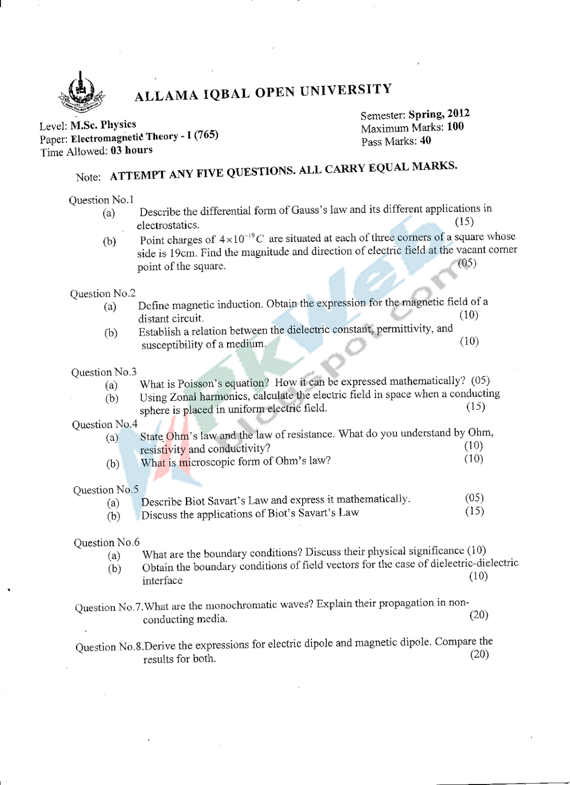 AIOU 765 Electromagnetics-theory-I Post Graduate Spring 2012
