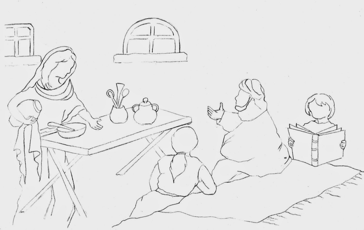 Coloriage Voil  Jésus avec Marthe et Marie Et l enfant qui lit c est peut ªtre toi quand tu lis la Bible pour passer du temps avec Jésus