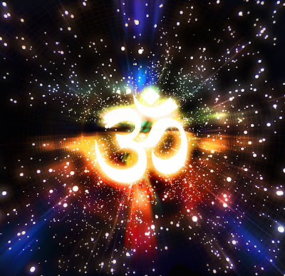 The letter Aum superimposed on a starry sky