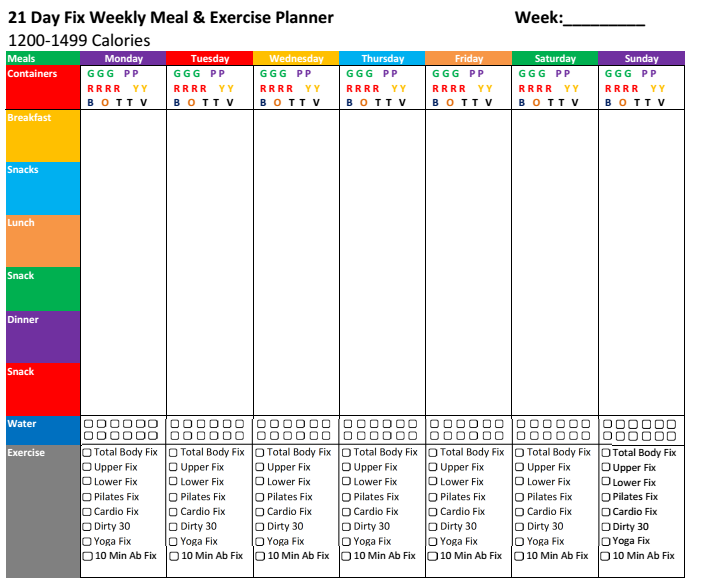 21 day fix weekly meal planner template