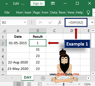 Example 1 of DAY Function in Excel