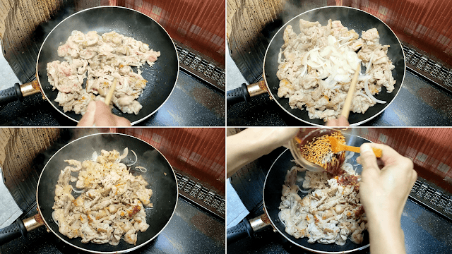 フライパンにサラダ油、豚肉を入れ、中火でこんがり焼き色がつき、焼けるまで炒めます。 豚肉に火が通ったら玉ねぎを加え、玉ねぎが透明に透き通るまで炒め合わせたら【調味料】をまわし入れます。