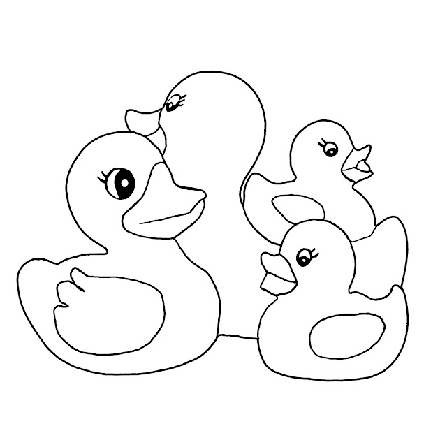 A colouring page with 4 rubber duckies in a family group for kids.