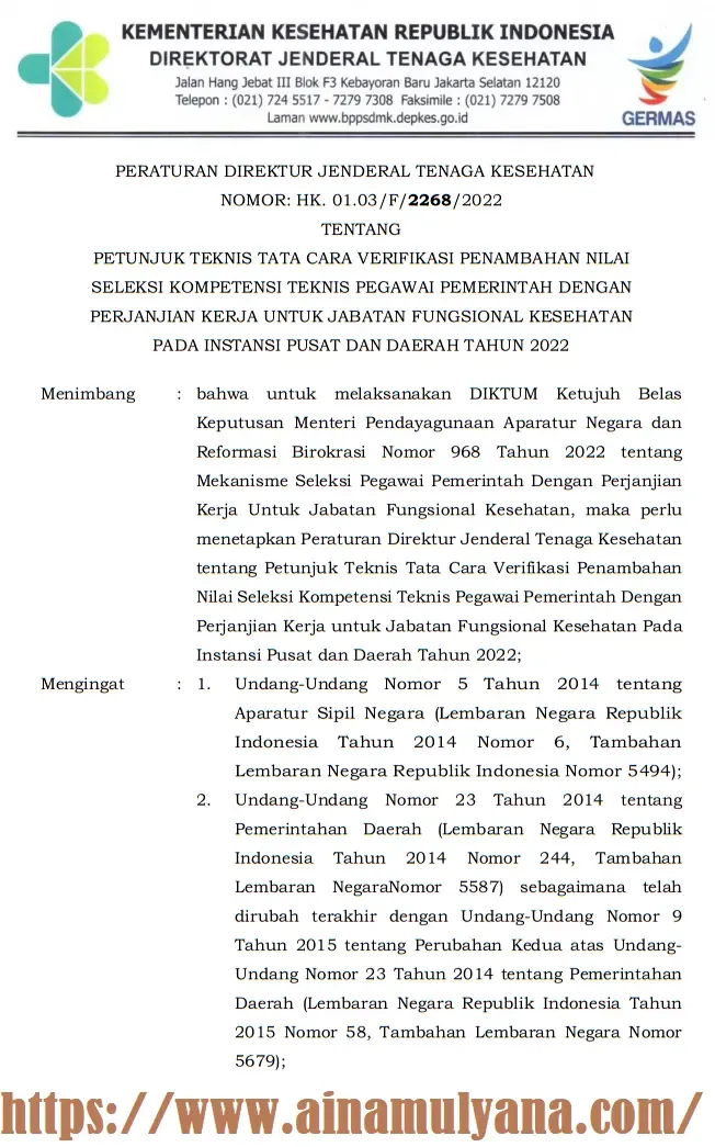 Perdirjen Tenaga Kesehatan tentang Petunjuk Teknis Juknis Tata Cara Verifikasi Penambahan Nilai Seleksi Kompetensi Teknis PPPK Tenaga Kesehatan Tahun 2022