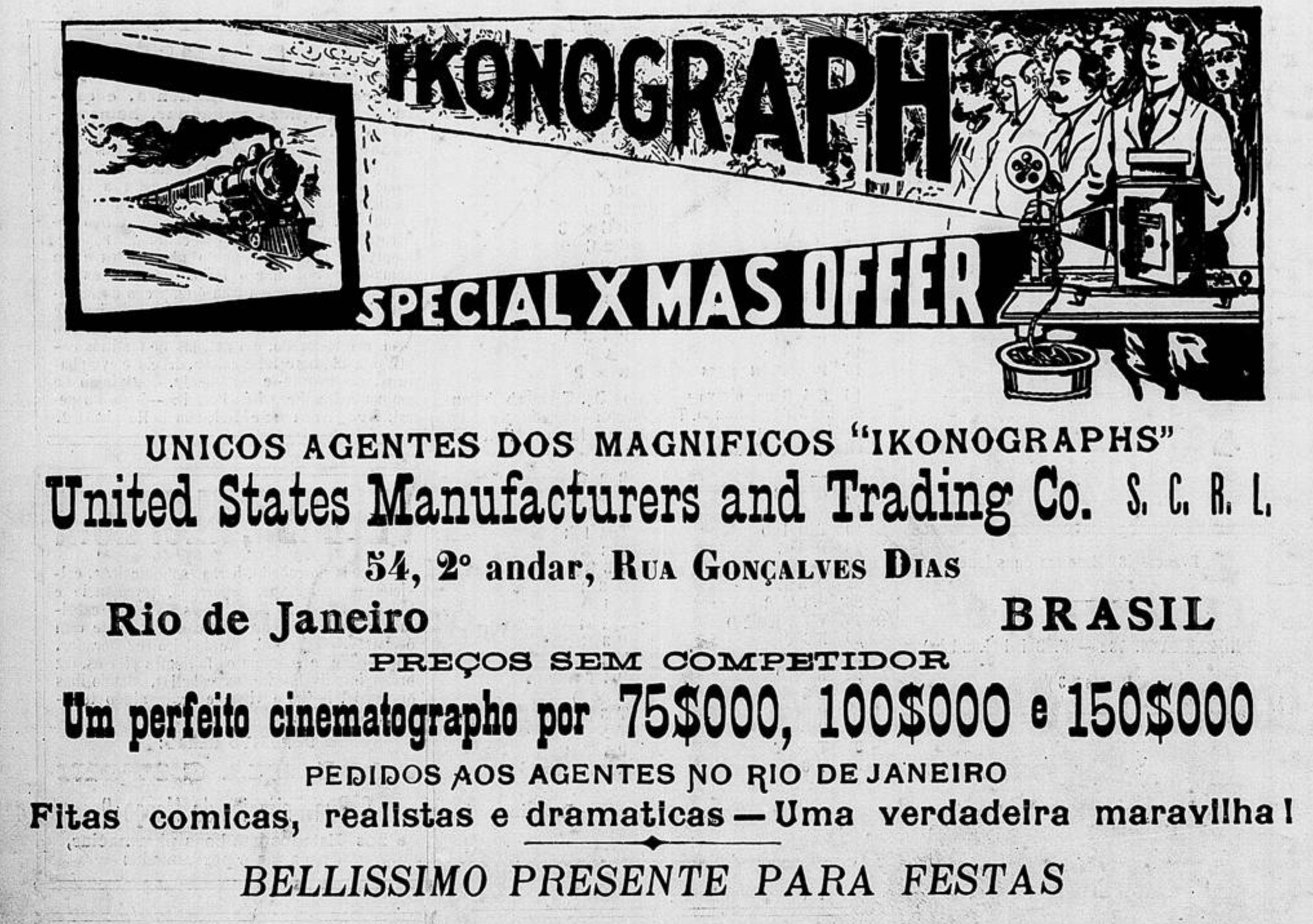 Anúncio antigo veiculado em 1909 promovendo um projetor para filmes