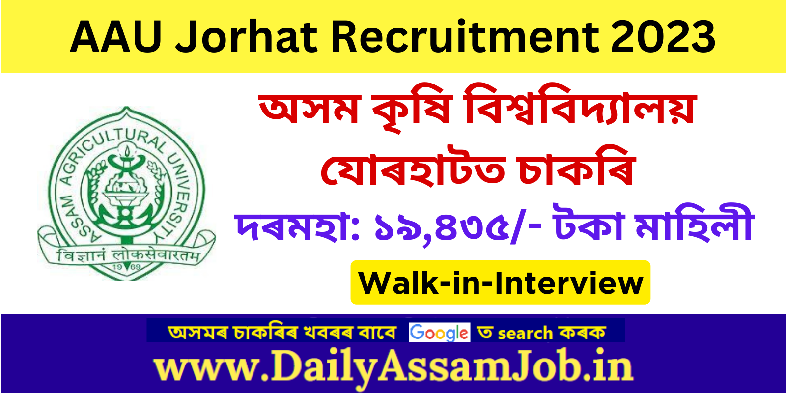 Assam Career :: AAU Jorhat Recruitment 2023 for Highly Skilled Worker Vacancy