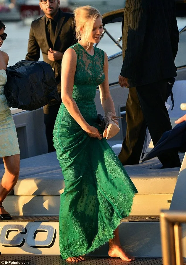 Toni Garrn wears green lace Elie Saab for Leonardo DiCaprio's Foundation Gala in Saint Tropez