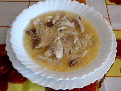 Sopa de pollo con fideos