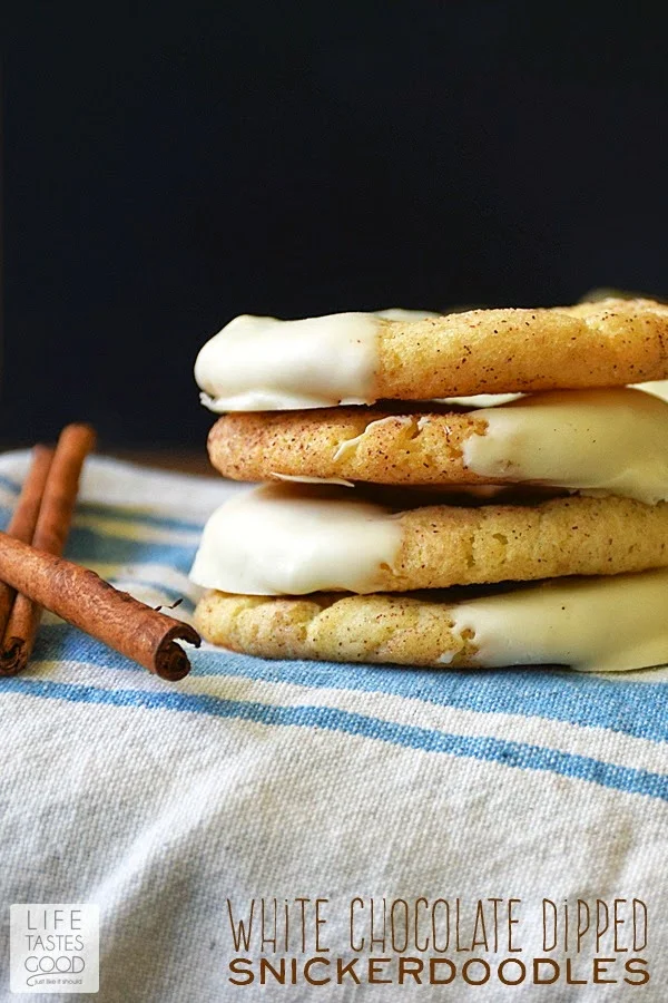 White Chocolate Dipped Snickerdoodles | by Life Tastes good are sweet cinnamon sugar cookies dipped in the smooth, creamy goodness of white chocolate! #VanillaWeek