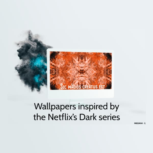 Wallpapers inspired by the Netflix's Dark Series. A laptop with a wallpaper made of repeated slices with white text: Sic mundus creatus est. A dust dark cloud behind.