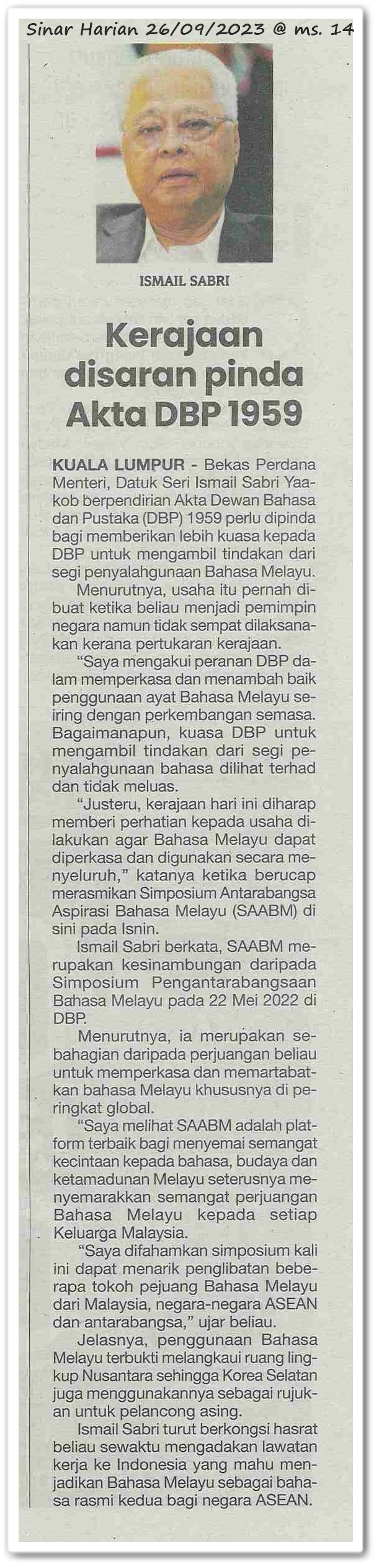 Kerajaan disaran pinda Akta DBP 1959 - Keratan akhbar Sinar Harian 26 September 2023