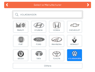 Select vehicle manufacturer,showing various vehicle manufacture company's like maruthi,Hundai,honda,chevorlet,fiat,ford,mahindra,renault,skoda,tata,toyota,volkswagen,