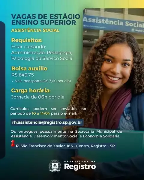 Oportunidade de Estágio em Registro-SP
