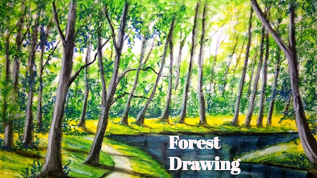 A Beautiful forest drawing with oil pastel  - Oil Pastel Drawing - Easy Forest Drawing -Lake Art