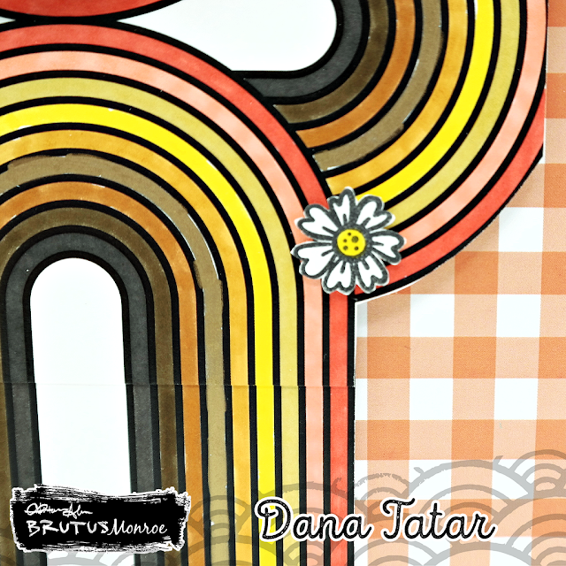 Retro rainbow basset hound hugs scrapbook layout with hand colored rainbow panels, stamped designs, and punched cardstock borders by Dana Tatar.