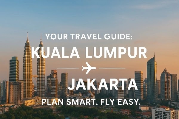 Travel guide banner with airplane icon and Kuala Lumpur skyline for KL to Jakarta direct flight article