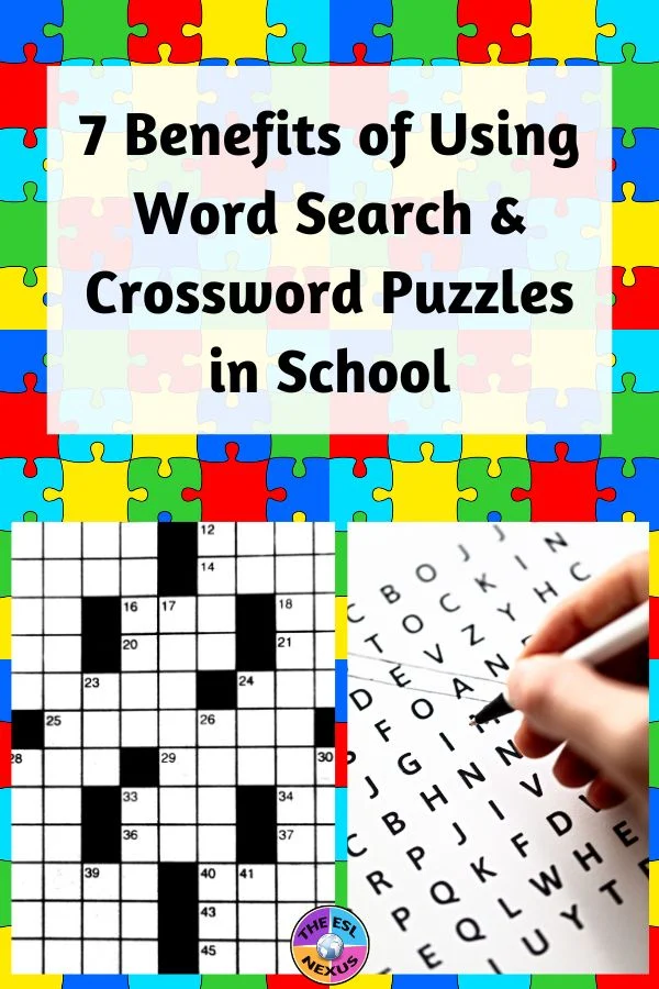 Image of puzzle pieces as background with title overlaid on top half and bottom left showing crossword puzzle, bottom right showing word search puzzle