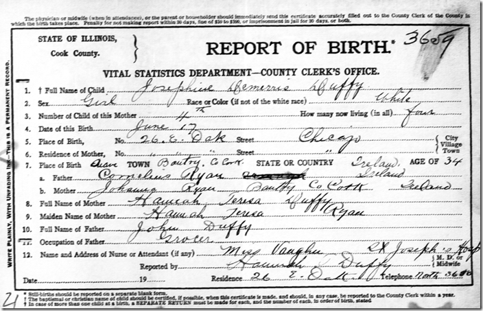 Birth certificate of Josephine Demerris Duffy, Cook County, Illinois, 1912