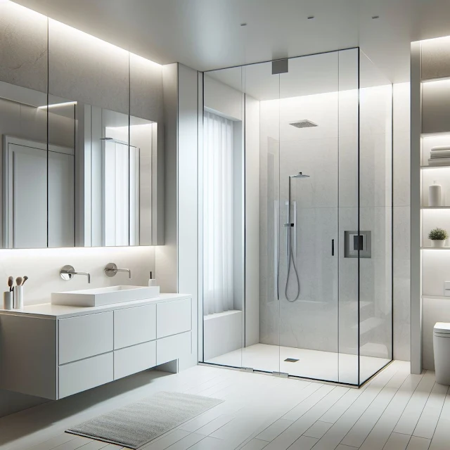 Realistic photo showcasing a modern minimalist bathroom design with white tones, clean lines, and monochromatic fixtures