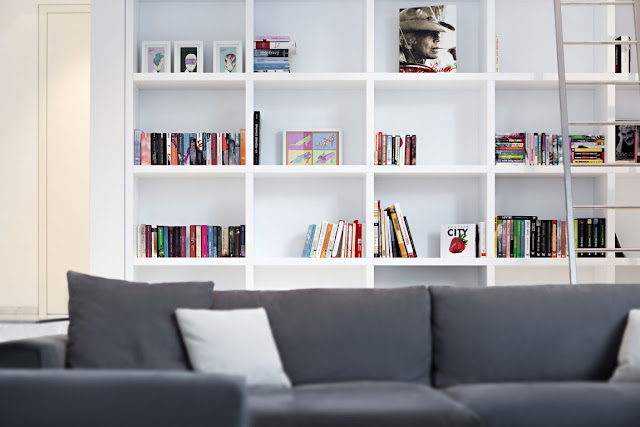White book shelf in the living room