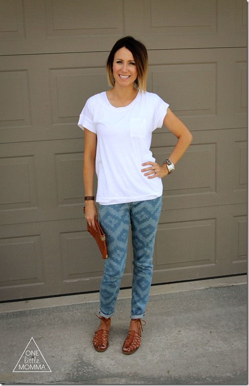Geometric blue toned jeans are a fresh take on printed pants- pair with white tee and basic flat sandals