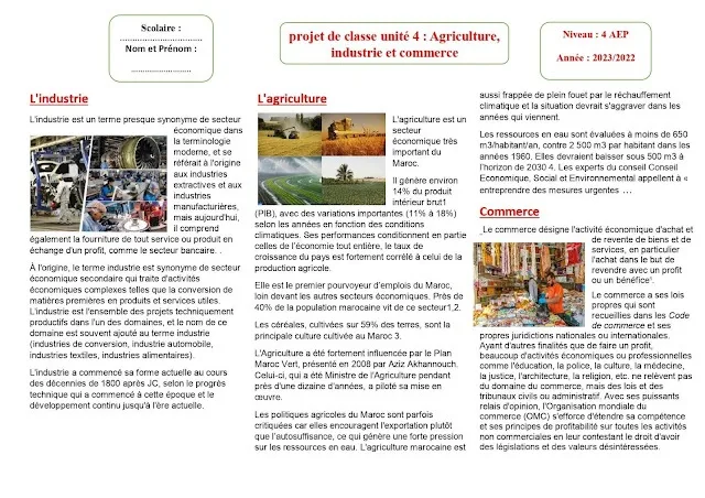 مشروع الوحدة الرابعة المستوى الرابع الفلاحة والصناعة والتجارة بالفرنسية - projet de classe UD4 4AEP l'agriculture l'industrie et le commerce