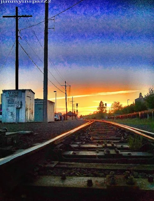 Railroad tracks looking west during sunset in Eugene Oregon